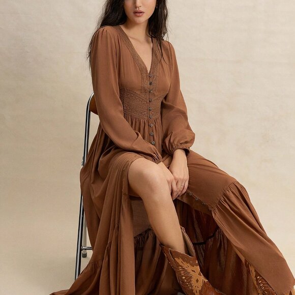 Boho Beauty Brown Women's Cinch Lace waist long sleeve Maxi Dress - Picture 6 of 8